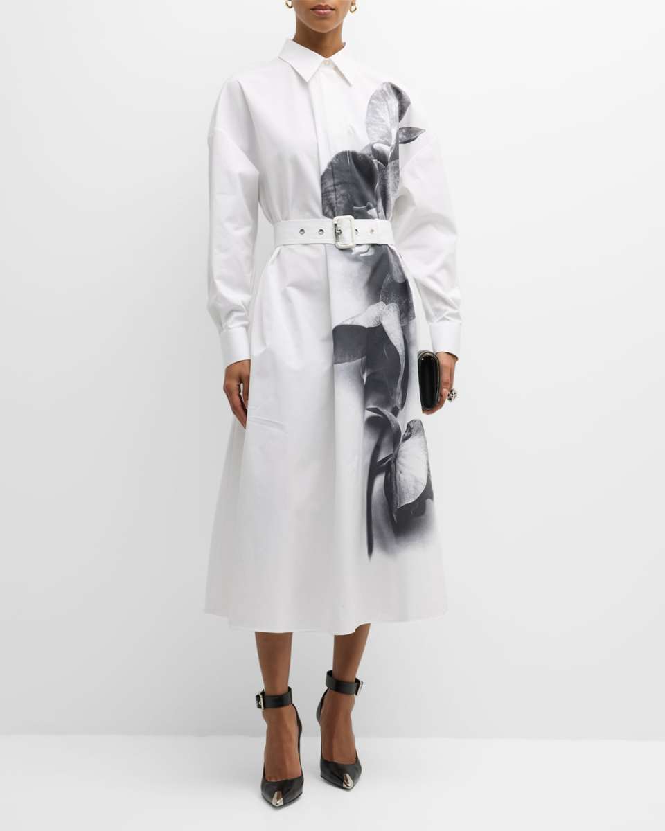 Orchid-Print Poplin Belted Midi Shirtdress